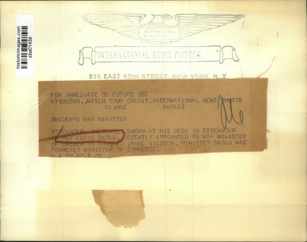 1940 Press Photo Per Edvin Skold new War Minister of Sweden to succeed Nilsson