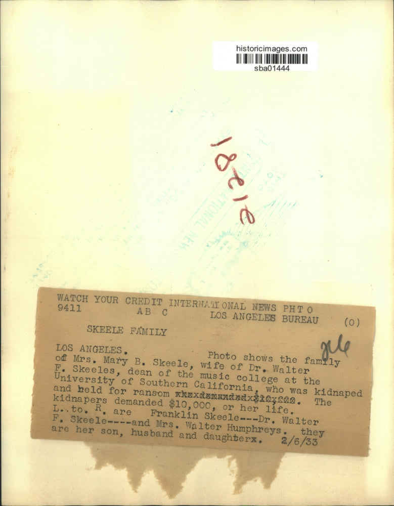 1933 Press Photo Family of Mrs Mary B Skeele, Kidnap Victim in Los Angeles