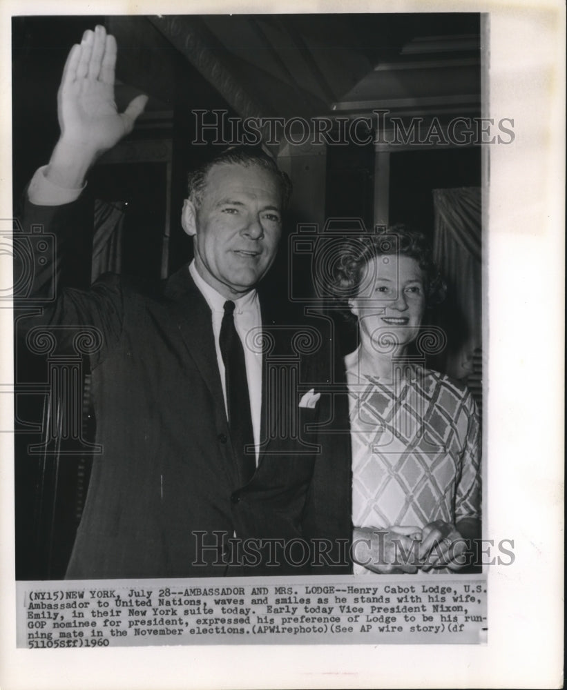 1960 Press Photo Henry Cabot Lodge with wife Emily, may be Nixon's running mate