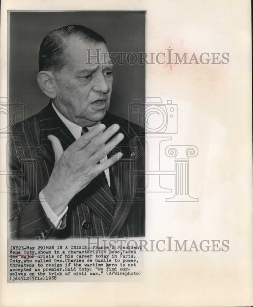 1958 Press Photo France&#39;s president Rene Coty faces major crisis in Paris
