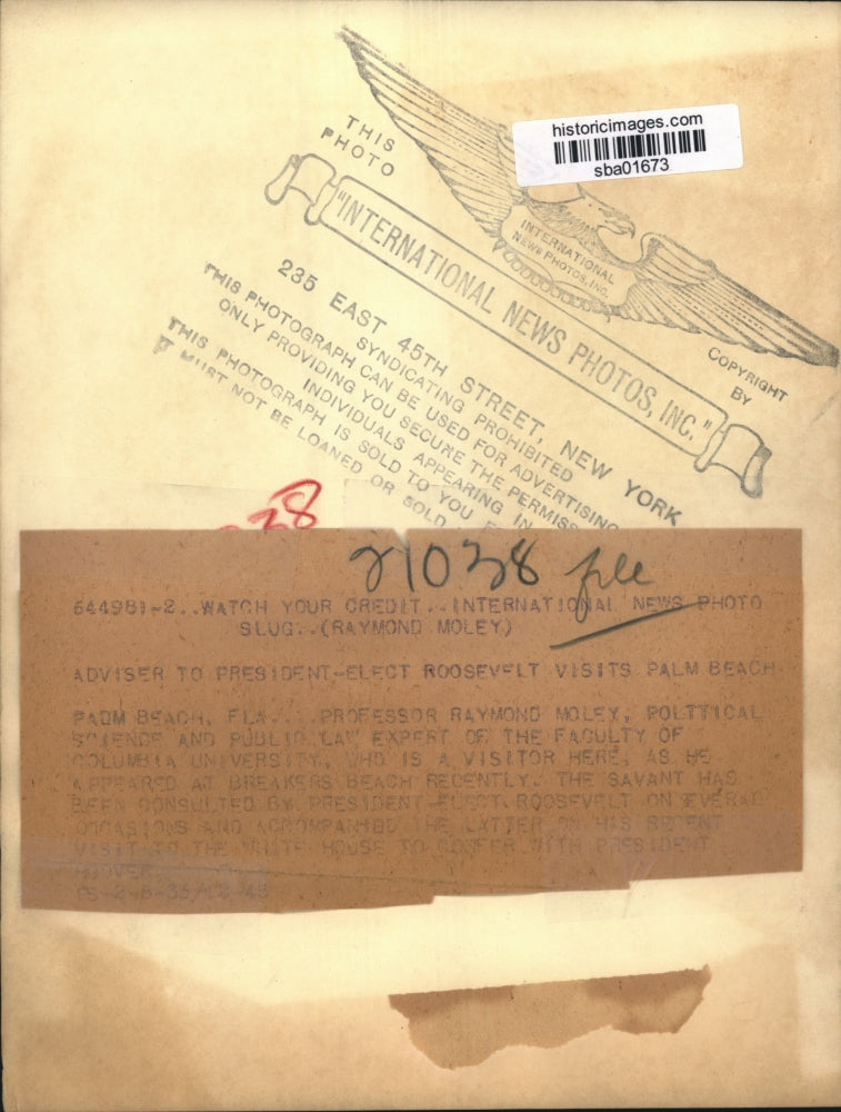 1935 Press Photo Professor Raymond Moley Advisor to Roosevelt Visits Palm Beach