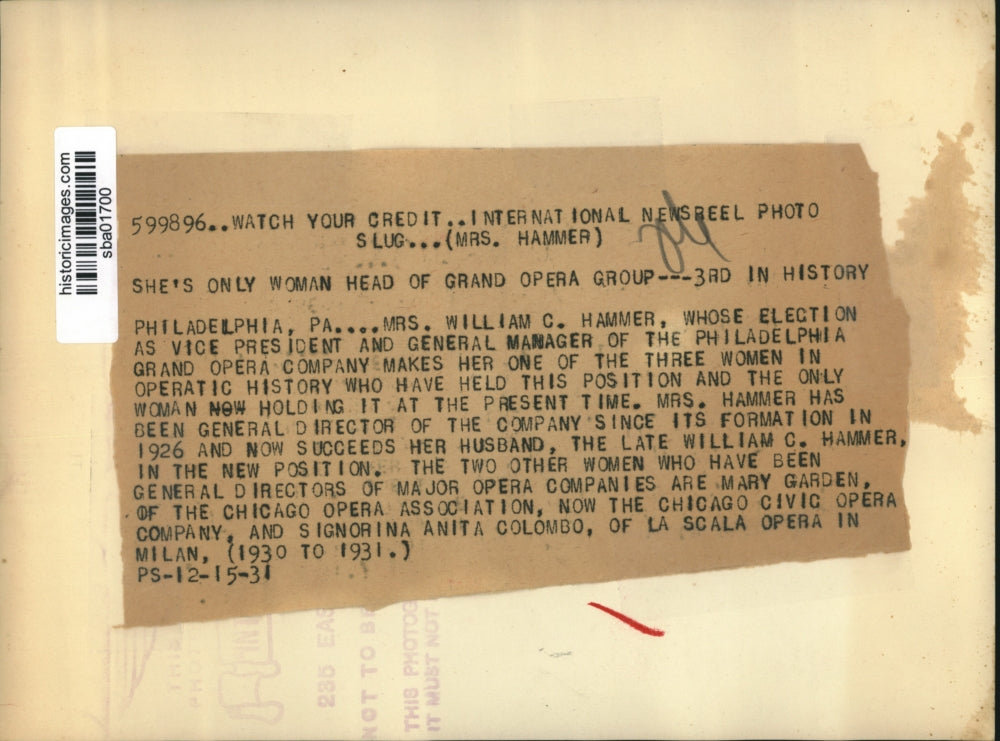 1931 Press Photo Only Female Head of Grand Opera Group ---Third in History