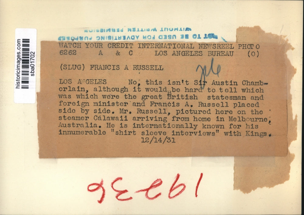 1931 Press Photo Francis A Russell aboard the steamer Calawaii in Los Angeles