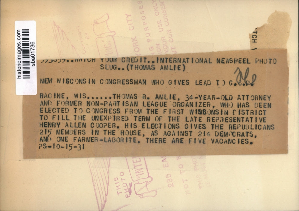 1931 Press Photo Thomas R Amlie to Fill Term of Late Rep Henry Allen Cooper