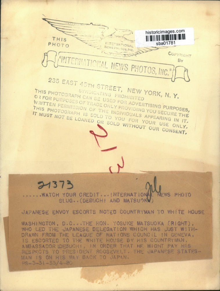 1933 Press Photo Japanese Envoy Escorts Noted Countryman to White House