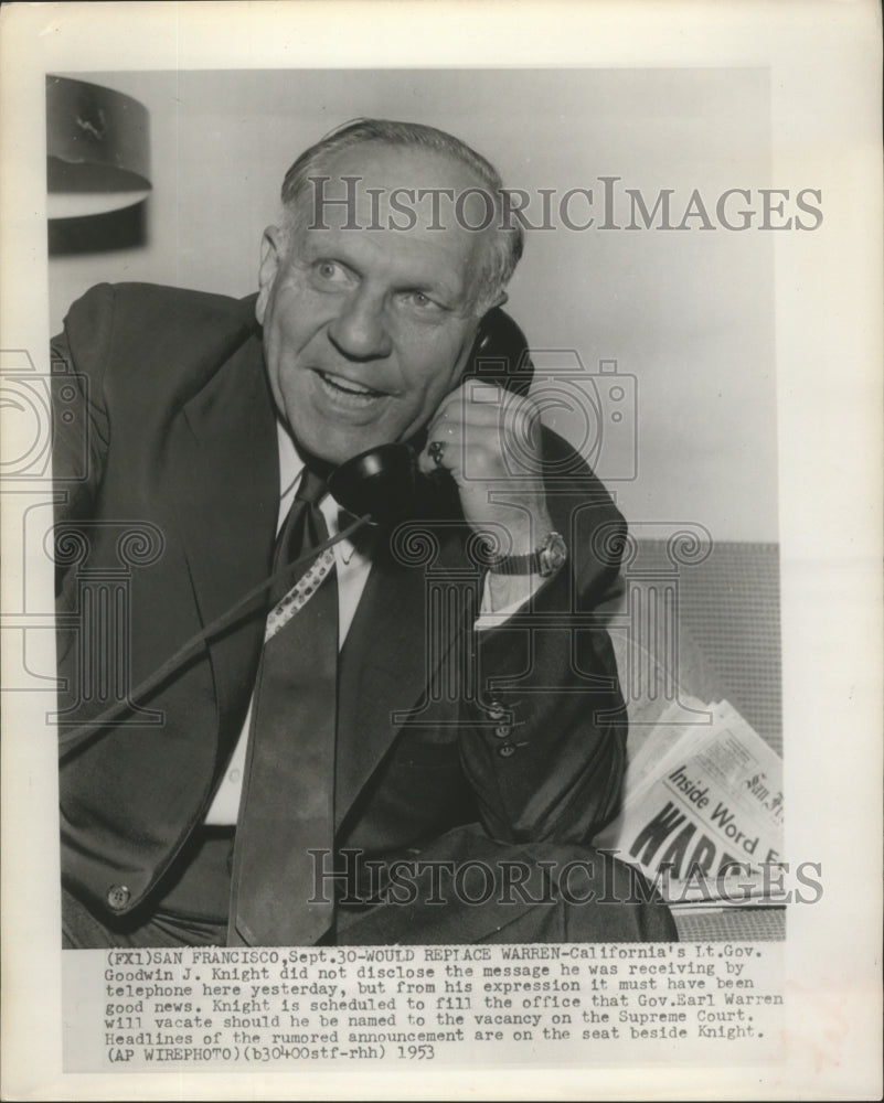 1953 Press Photo California's Lt Governor Goodwin J Knight on Phone - sba01894