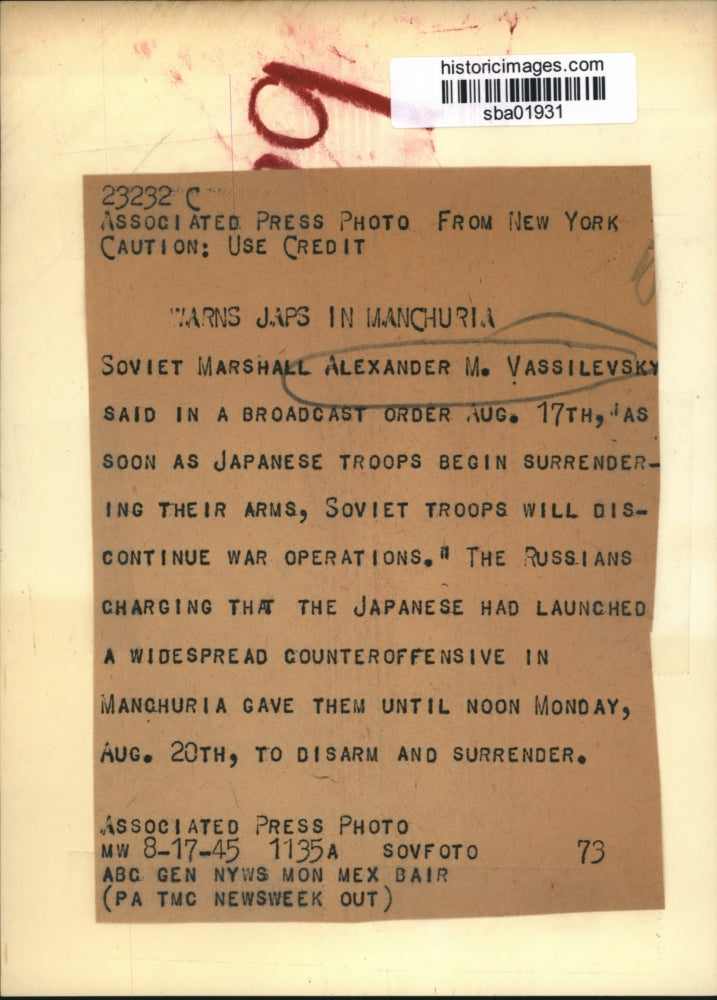 1945 Press Photo Soviet Marshall Alexander Vassilevsky warns Japanese