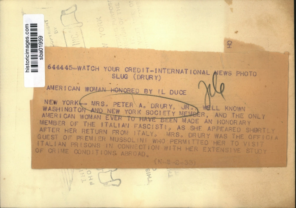 1933 Press Photo NY Mrs Peter A Drury Jr DC & NY society member honorary Fascist