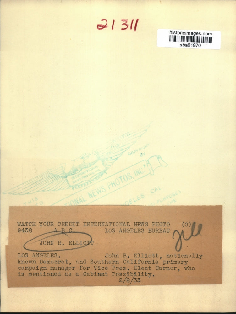 1933 Press Photo Los Angeles John B Elliott Democrat & manager of VP Garner