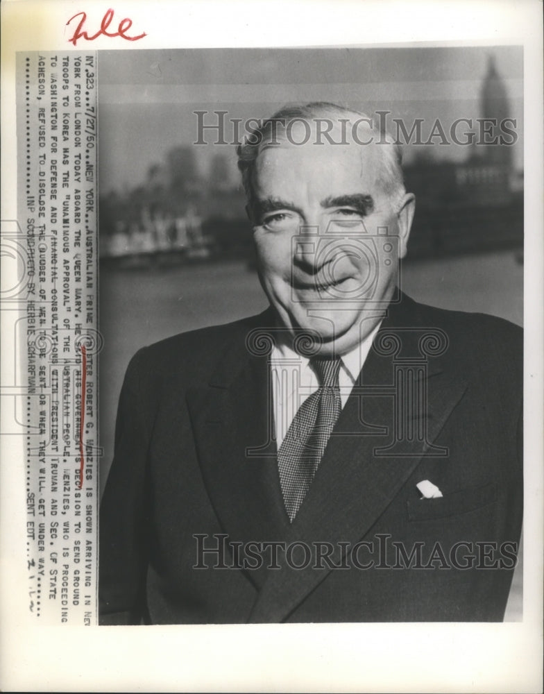 1950 Press Photo Australian Prime Minister Robert Menzies Arrives in New York- Historic Images