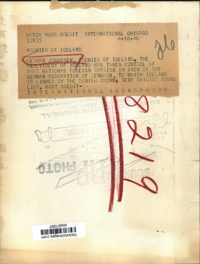 1940 Press Photo Herman Jonassen Premier of Iceland - sba01997