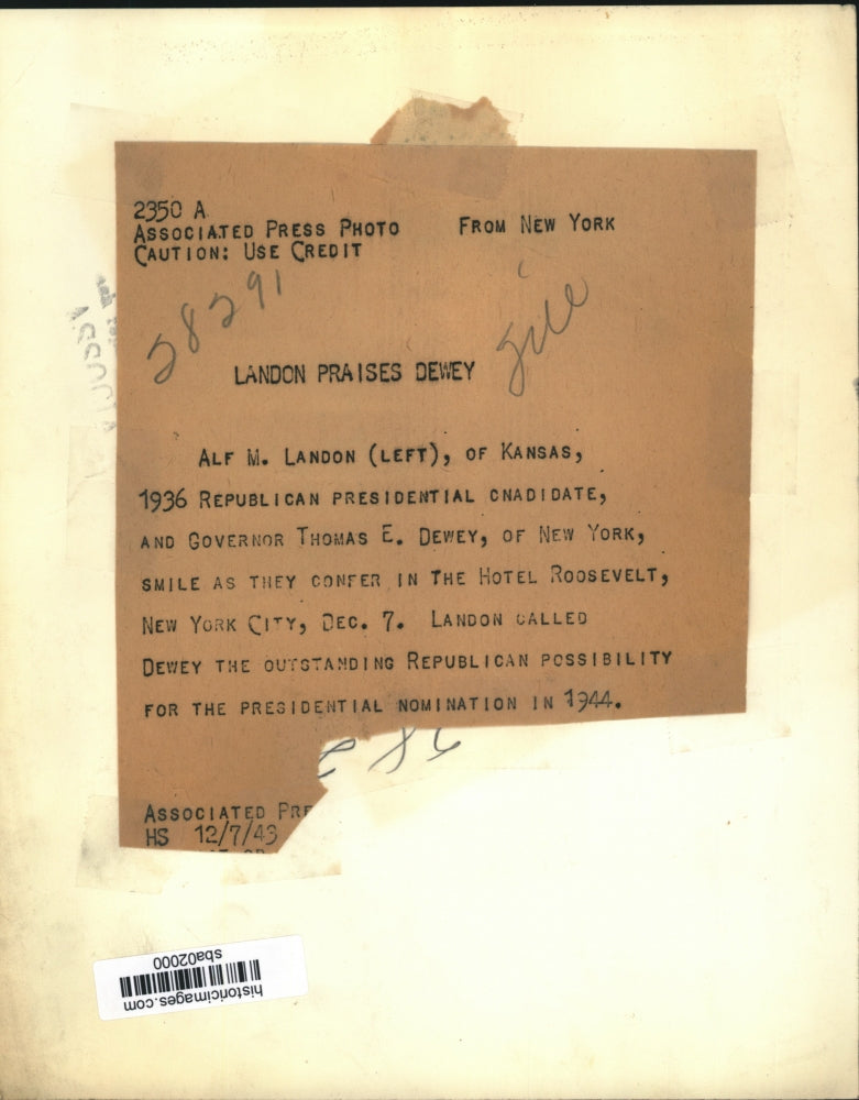 1943 Press Photo Alf M Landon, 1936 GOP candidate for President with Gov. Dewey