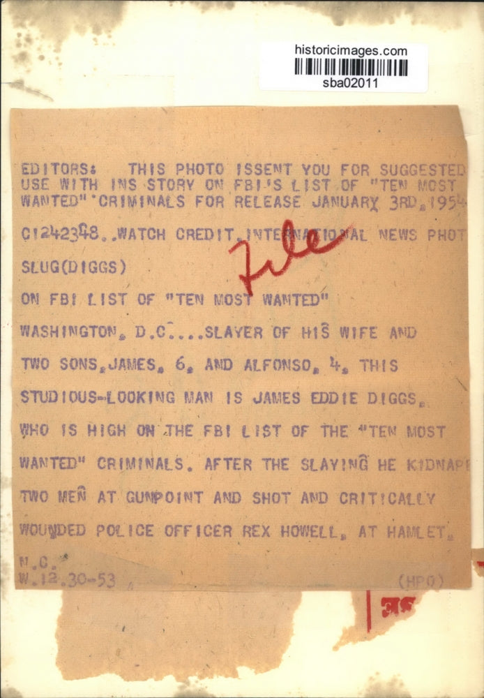 1953 Press Photo James Eddie Diggs, FBI's Ten Most wanted of Washington D.C.