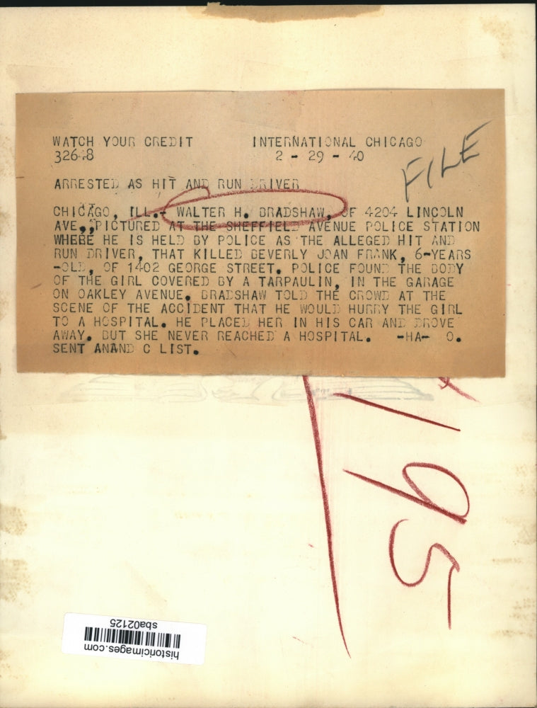 1940 Press Photo Walter Bradshaw held in hit and run killing of Beverly Frank