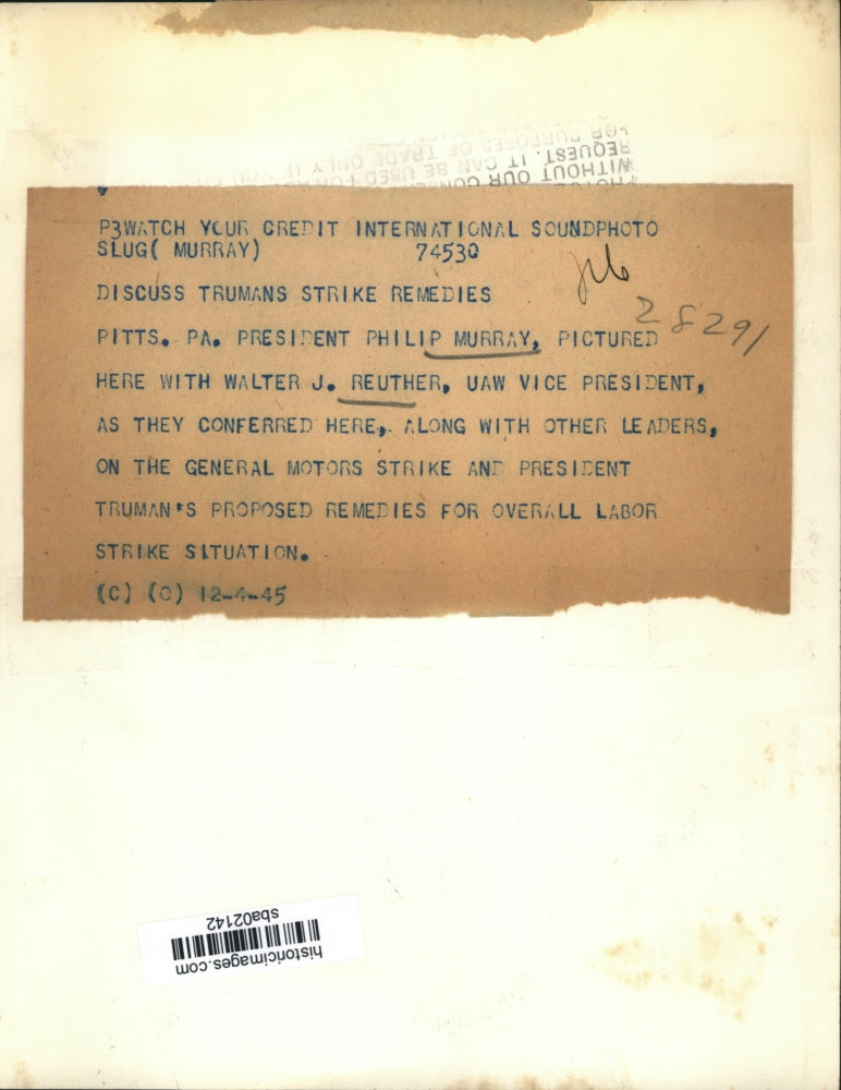 1945 Press Photo Philip Murray president & UAW VP Walter Reuther - sba02142