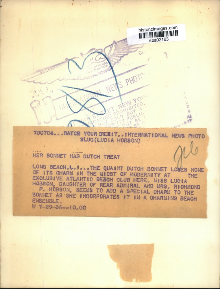 1936 Press Photo Lucia Hobson in a Dutch bonnet at the Atlantic Beach Club