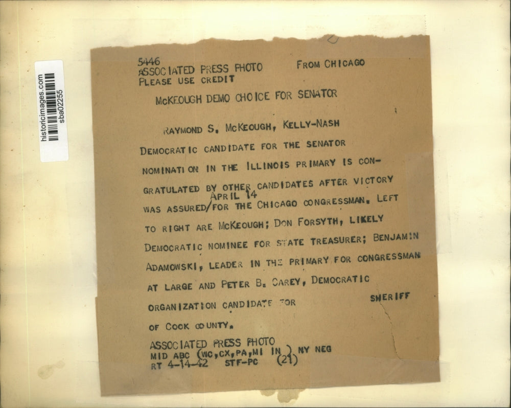 1942 Press Photo Raymond C McKeough, Democratic choice for Senator congratulated