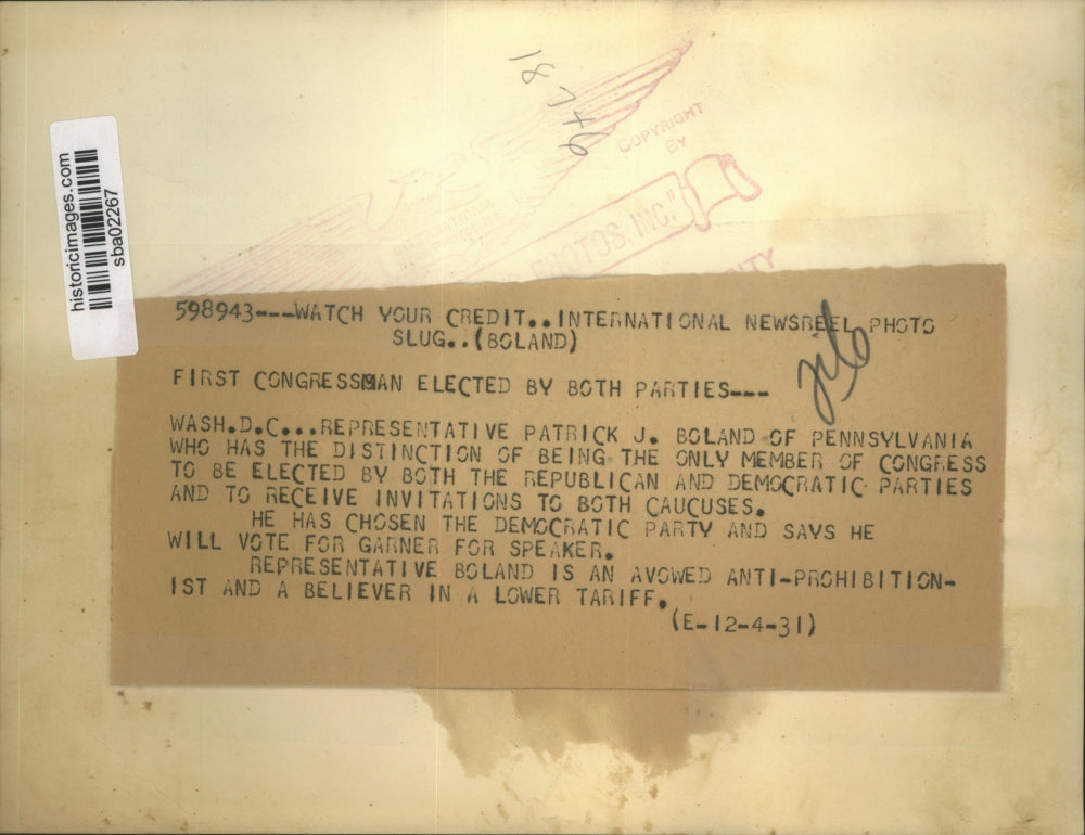 1931 Press Photo Rep. Patrick J. Boland, 1st Congressman Elected by Both Parties