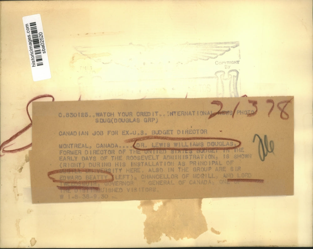 1938 Press Photo Dr Lewis Douglas, Sir Edward Beatty, Lord Tweedsmuth