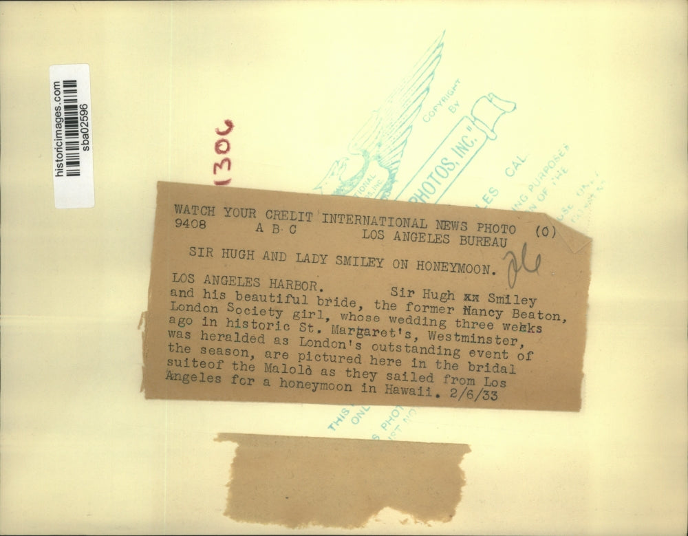 1933 Press Photo Los Angeles Sir Hugh Smiley & bride Nancy Beaton sail to Hawaii