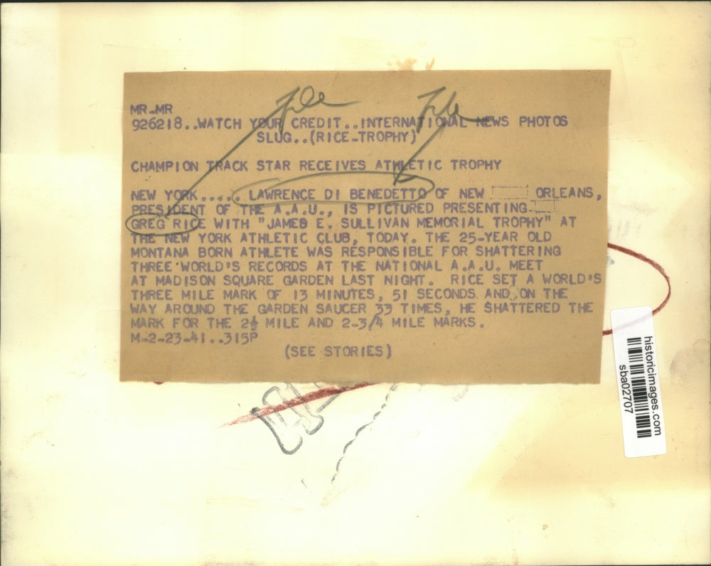 1941 Press Photo Lawrence Di Benedetto president of AAU with George Rice