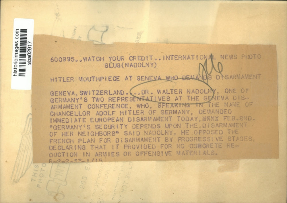 1933 Press Photo Dr Walter Nadolny German rep at Geneva disarmament talks