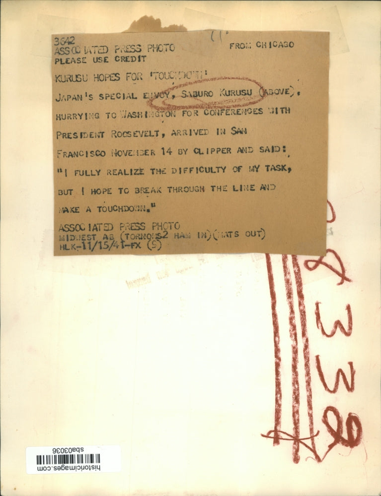 1941 Press Photo Saburo Kurusu, Japan's Special Envoy on His Way to Washington