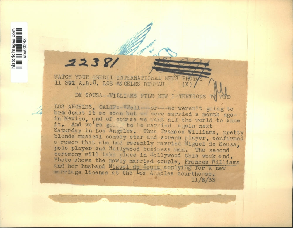 1933 Press Photo Frances Williams with her husband Miguel de Sousa at courthouse