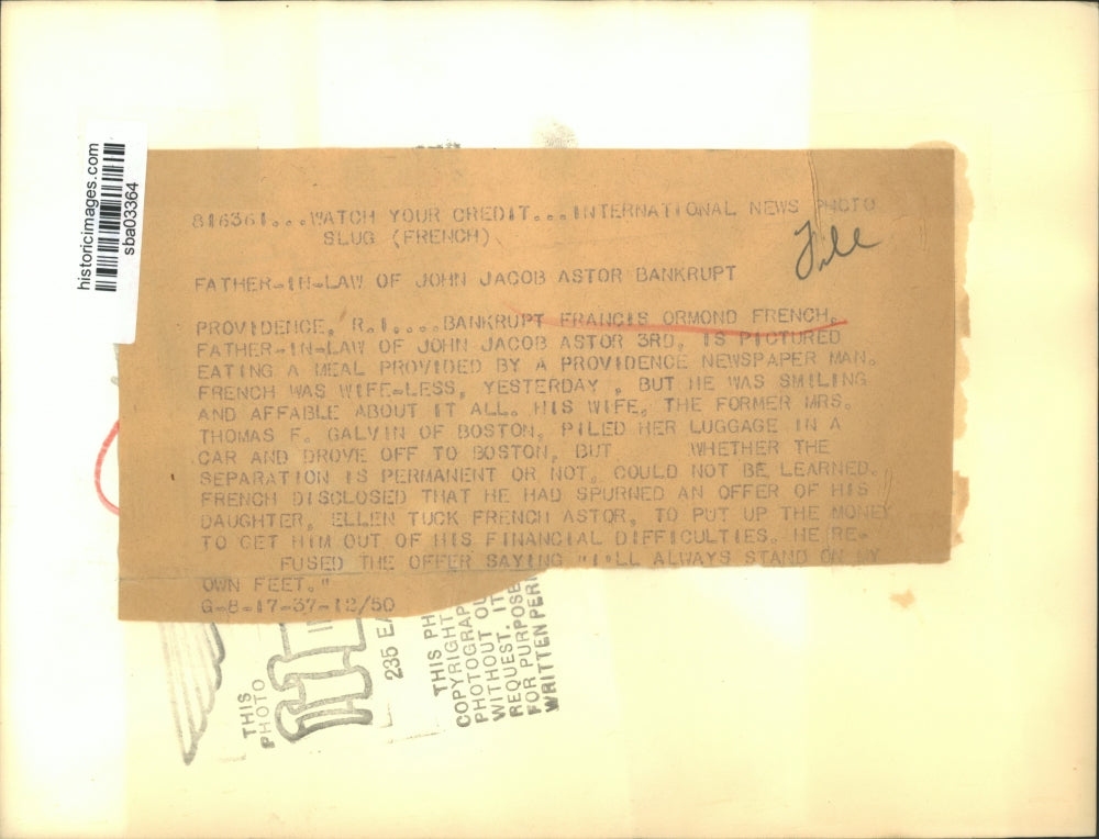 1937 Press Photo Bankrupt Francis Ormond French, father in law of John Astor III