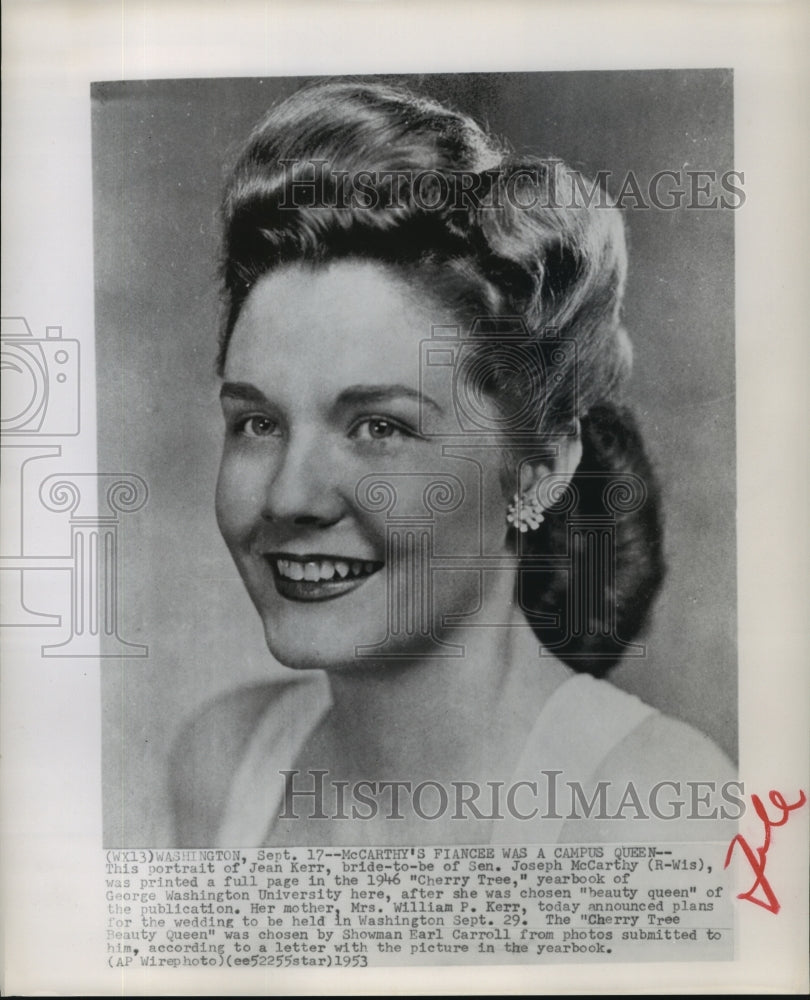 1953 Press Photo Jean Kerr bride to be of Sen Joseph McCarthy R of Wisconsin