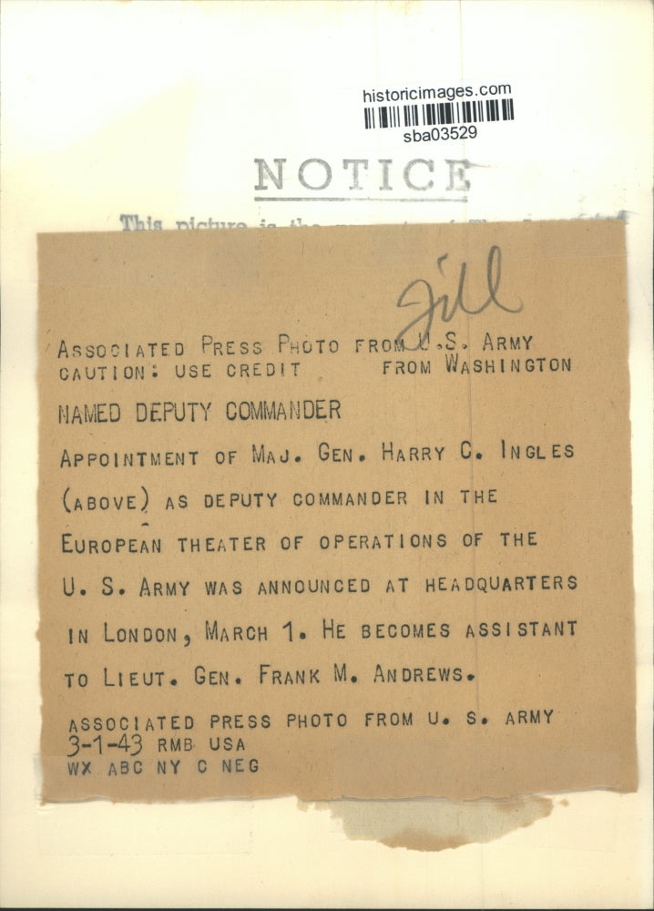 1943 Press Photo Maj Gen Harry C Ingles deputy Comdr in European theater