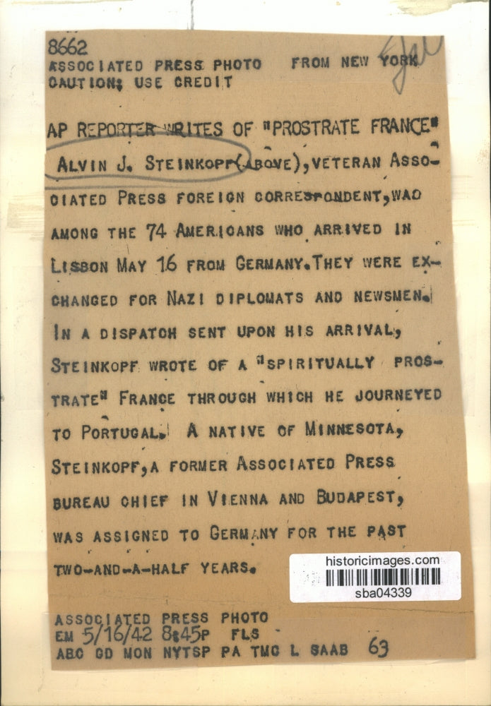 1942 Press Photo Alvin J. Steinkopf AP Foreign Correspondent exchanged for Nazi