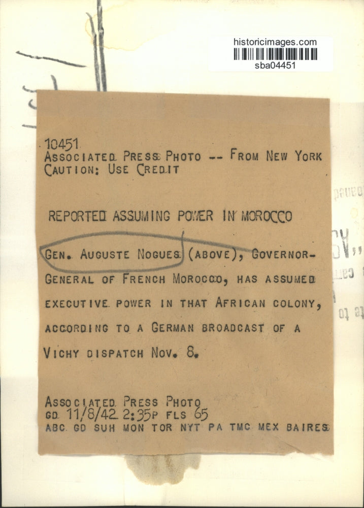 1942 Press Photo Gen Auguste Nogues Governor General of French Morocco