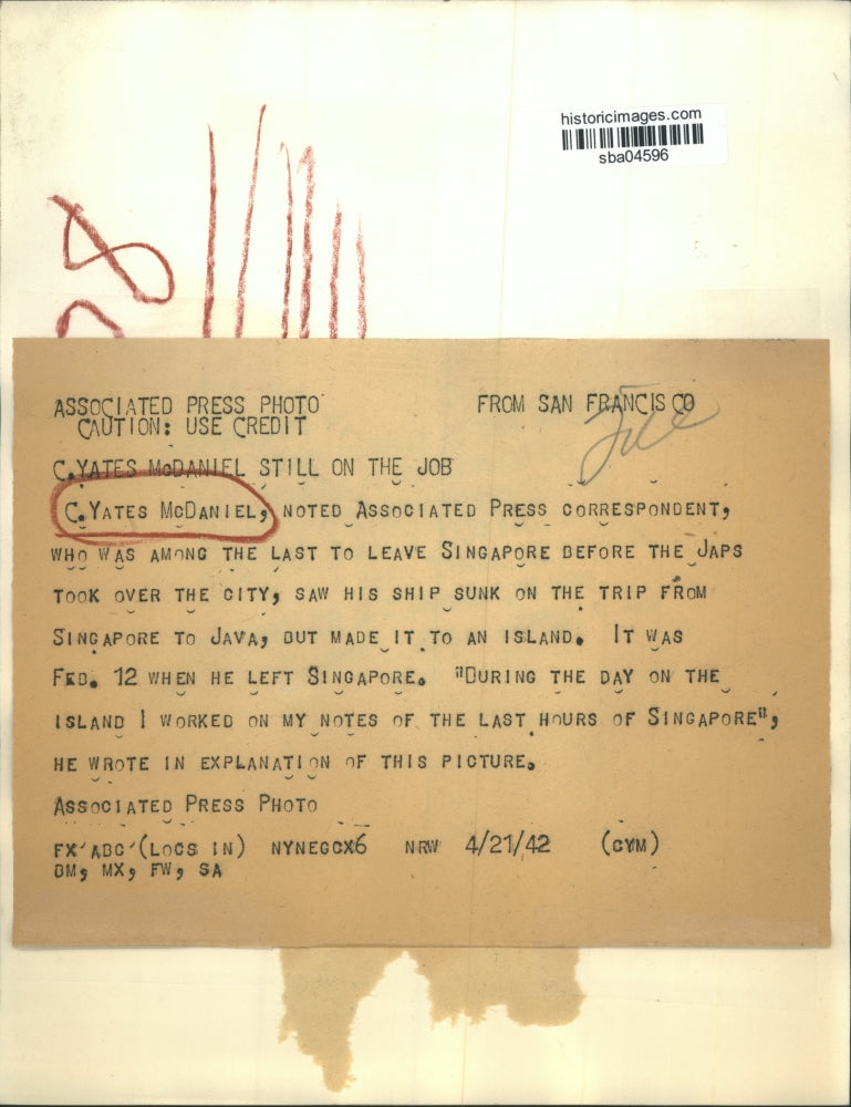 1942 Press Photo C. Yates McDaniel Sees His Ship Sunk on Trip From Singapore