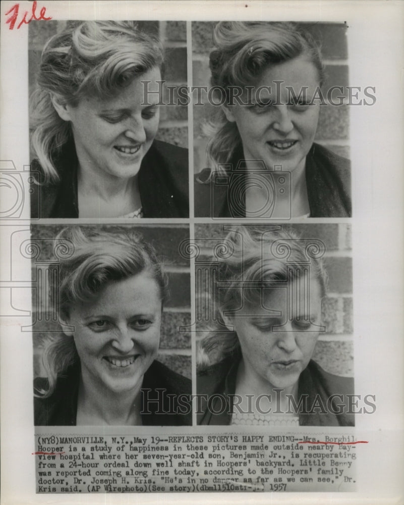 1957 Press Photo Mrs. B. Hooper Study of Happiness Outside Bayview Hospital