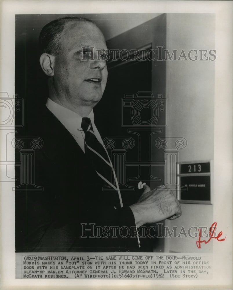 1952 Press Photo Newbold Morris in Front of His Office with His Nameplate on it