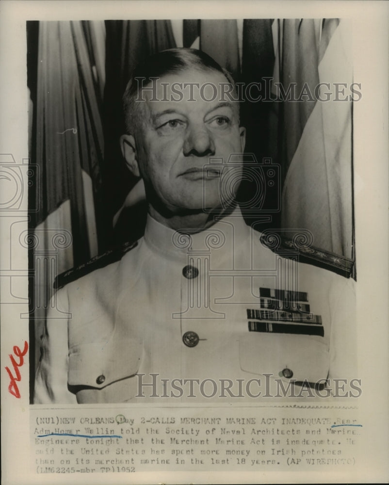 1952 Press Photo Admiral Homer Wallin Says Merchant Marine Act is Inadequate