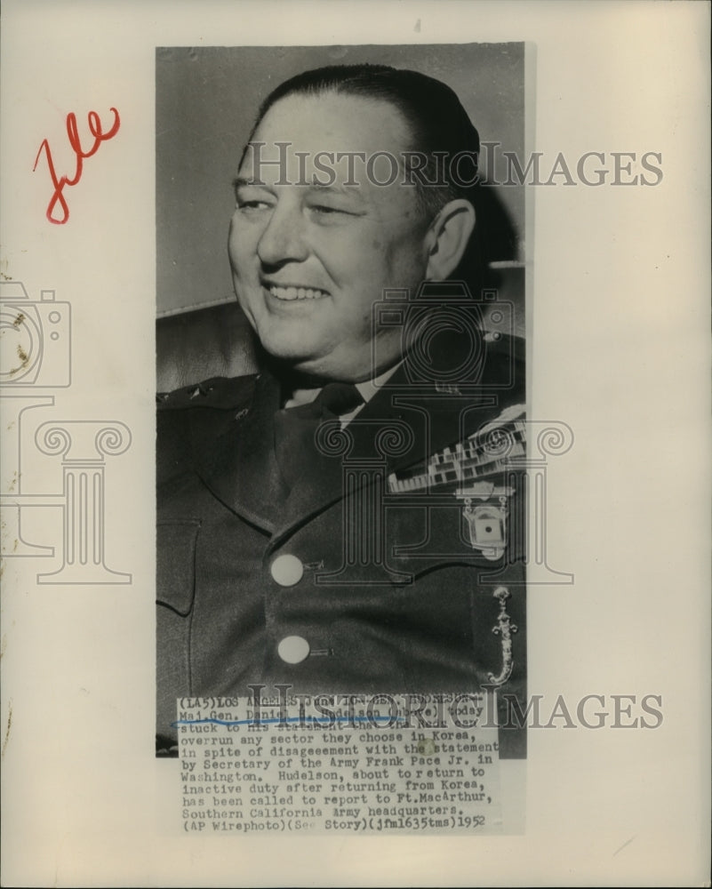 1952 Press Photo Gen Daniel Hudelson Sticks to Statement That Reds Can Overrun- Historic Images