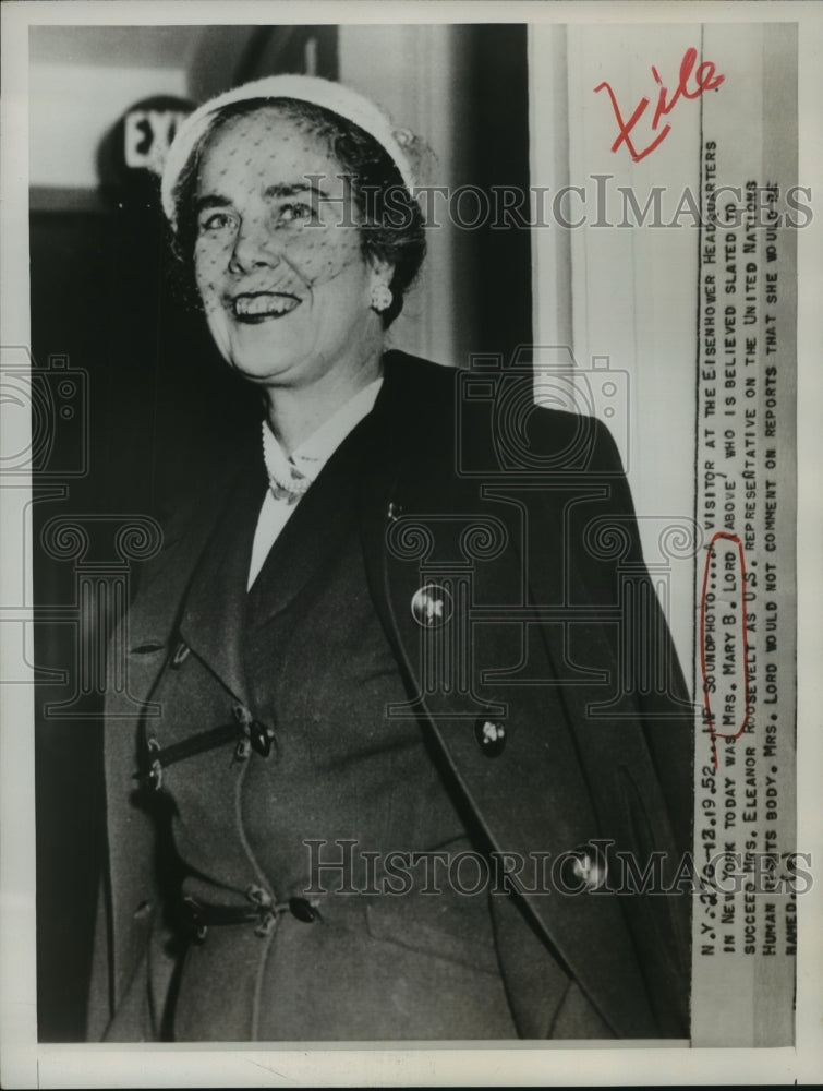 1952 Press Photo Mrs Mary B Lord named as US Ambassador to the United Nations