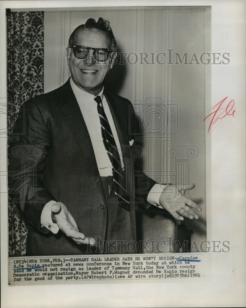 1961 Press Photo Carmine G. DeSapio Refuses to Resign as Tammany Hall Leader