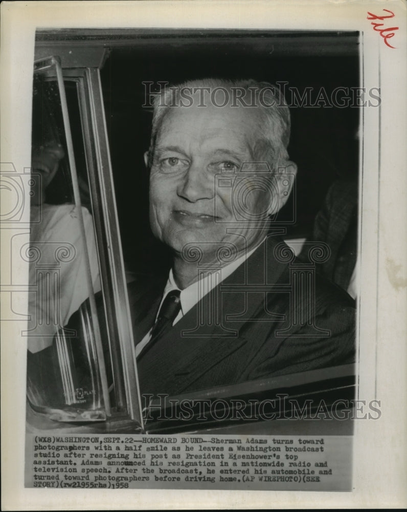 1958 Press Photo Sherman Adams, Eisenhower's top assistant, after resignation