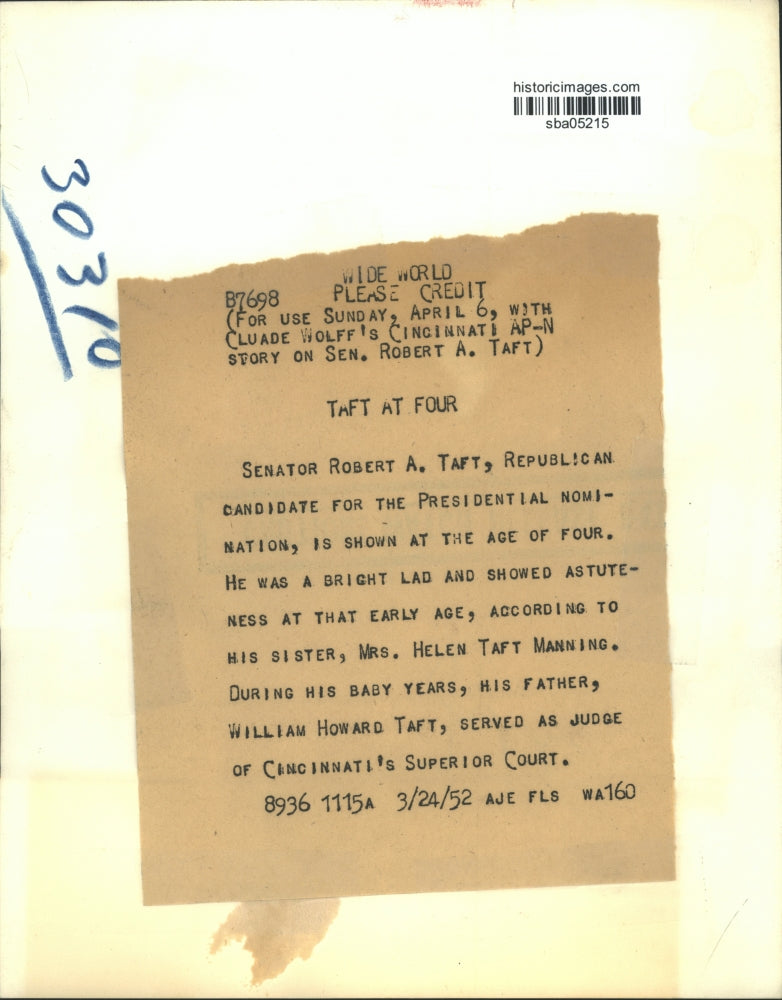 1952 Press Photo Senator Robert A. Taft as a four year old boy - sba05215