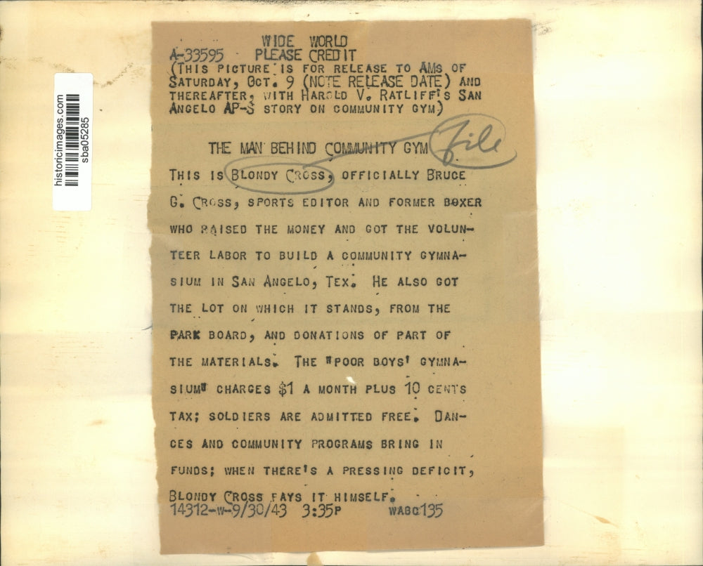 1943 Press Photo Bruce G. Cross Sports Editor Raised Money to Build a Gym