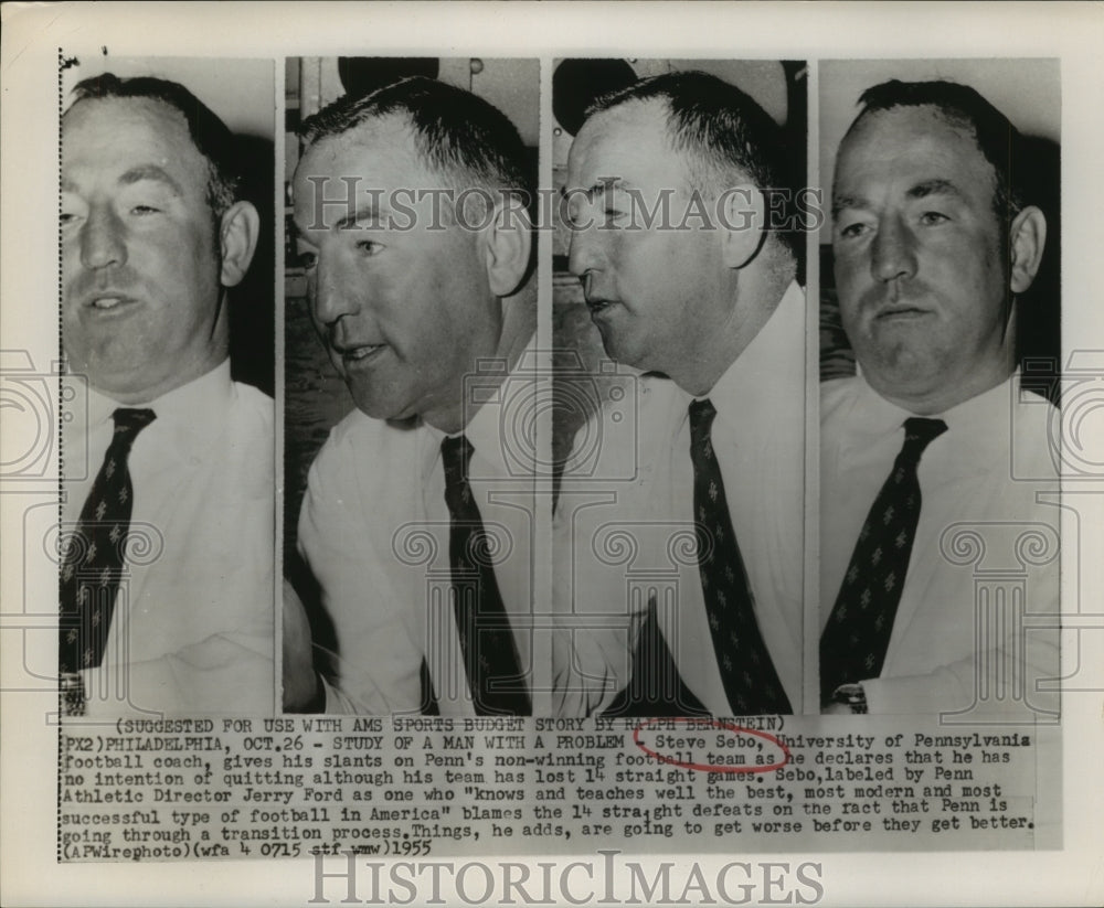 1955 Press Photo Coach Sebo Says He Will Not Leave Although Lost 14 Straight- Historic Images