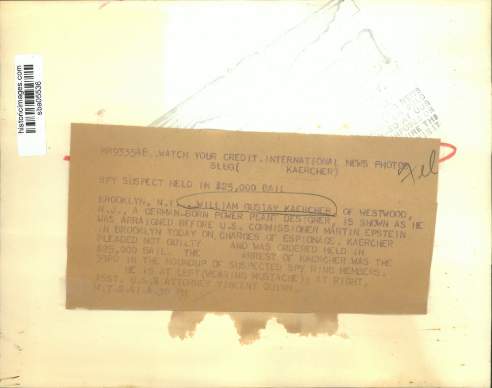 1941 Press Photo William Gustay Kaercher held on $25,000 bail for Espionage
