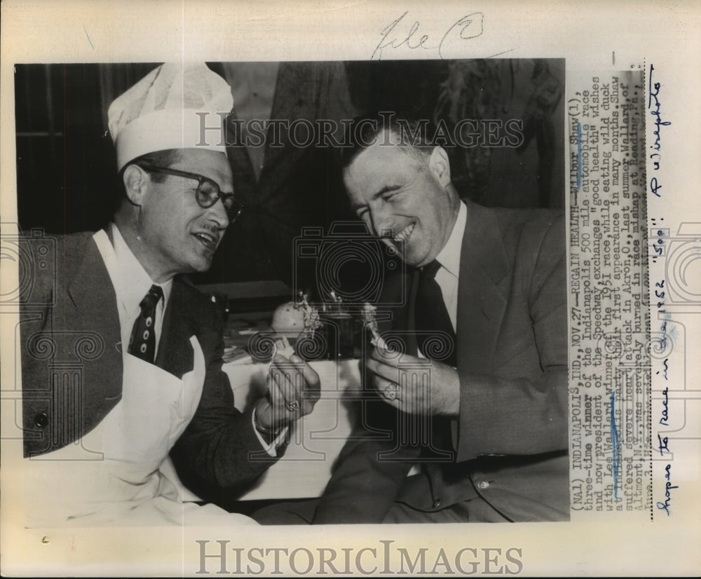 1952 Press Photo Wilbur Shaw Exchange Good Health Wishes at Indianapolis Party- Historic Images