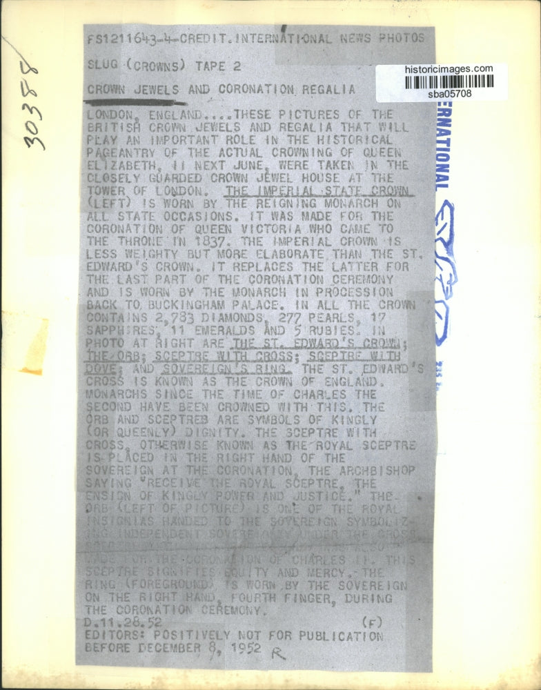1952 Press Photo History & Description of Imperial State Crown Sceptre & Orb