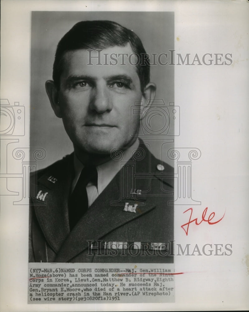 1951 Press Photo Maj Gen William M Hoge Named Commander of 9th Corps in Korea