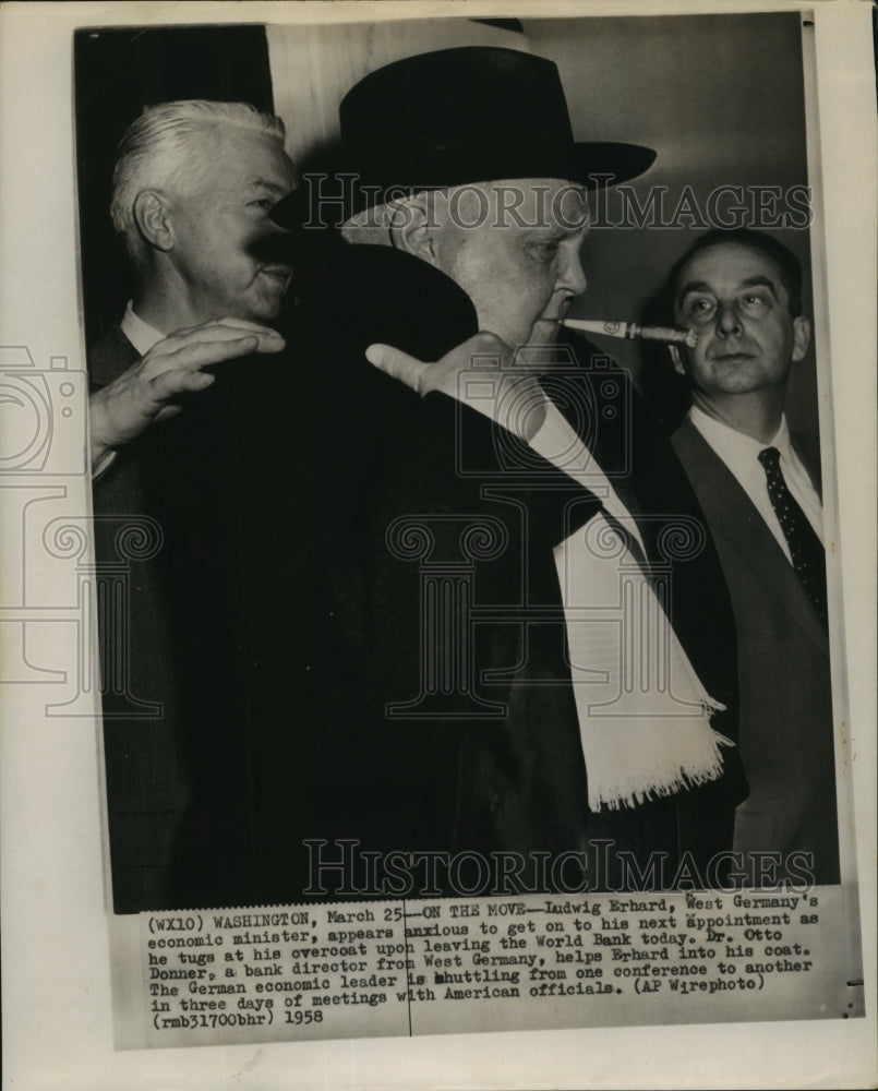 1958 Press Photo W. Germany's Economic Leader Ludwig Erhard Heads to Next Appt.
