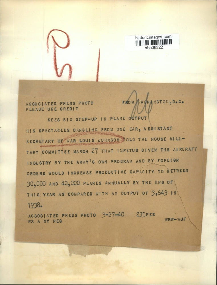 1940 Press Photo Louis Johnson-Assistant Secretary of War urges aviation step up